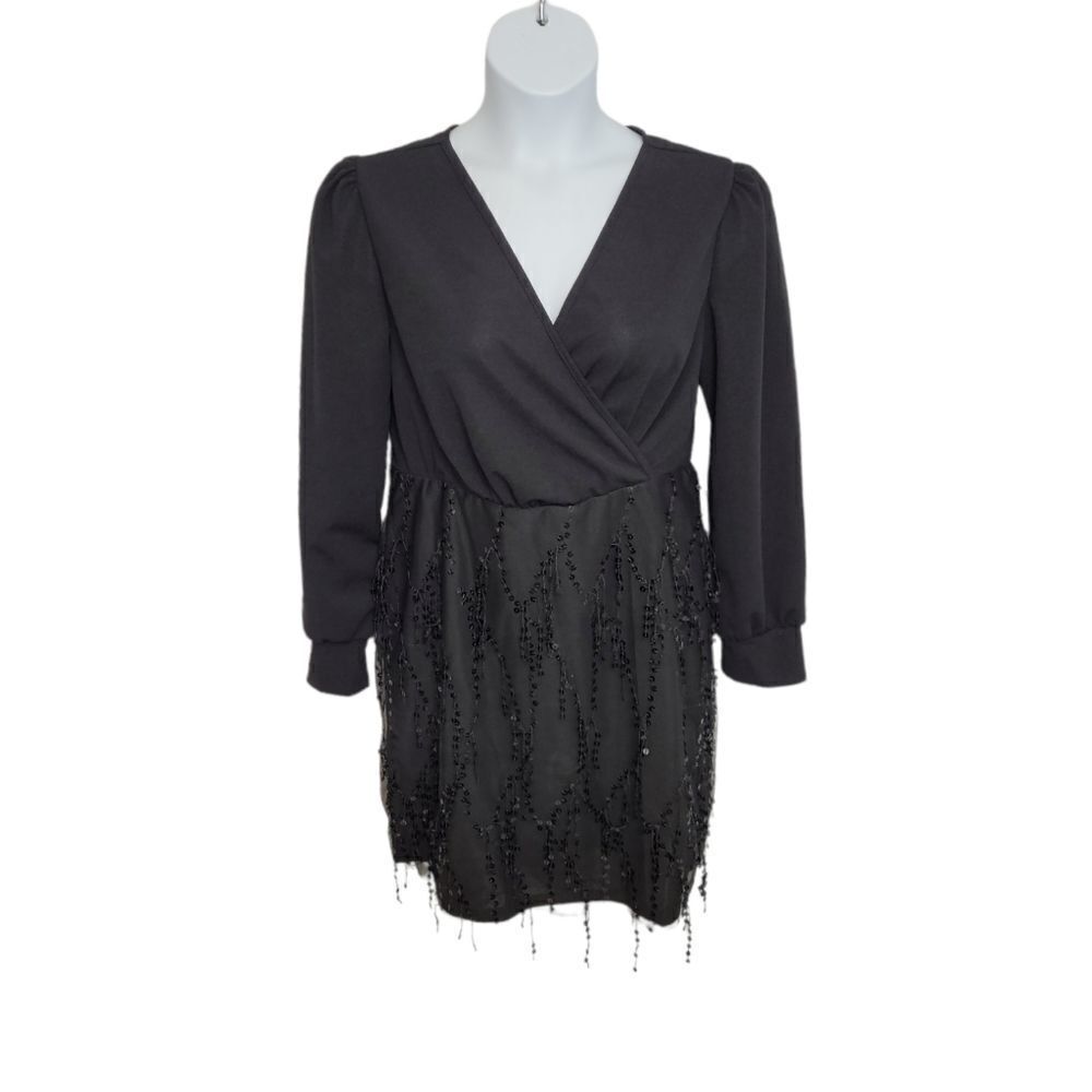 NEW SHEIN dress black long sleeve sequin detail surplice neckline cocktail 0X‎